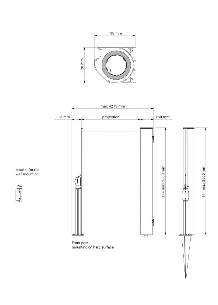 Levegg - Sidemarkise - Høyde 120 cm - Velg mellom 150 dukfarger