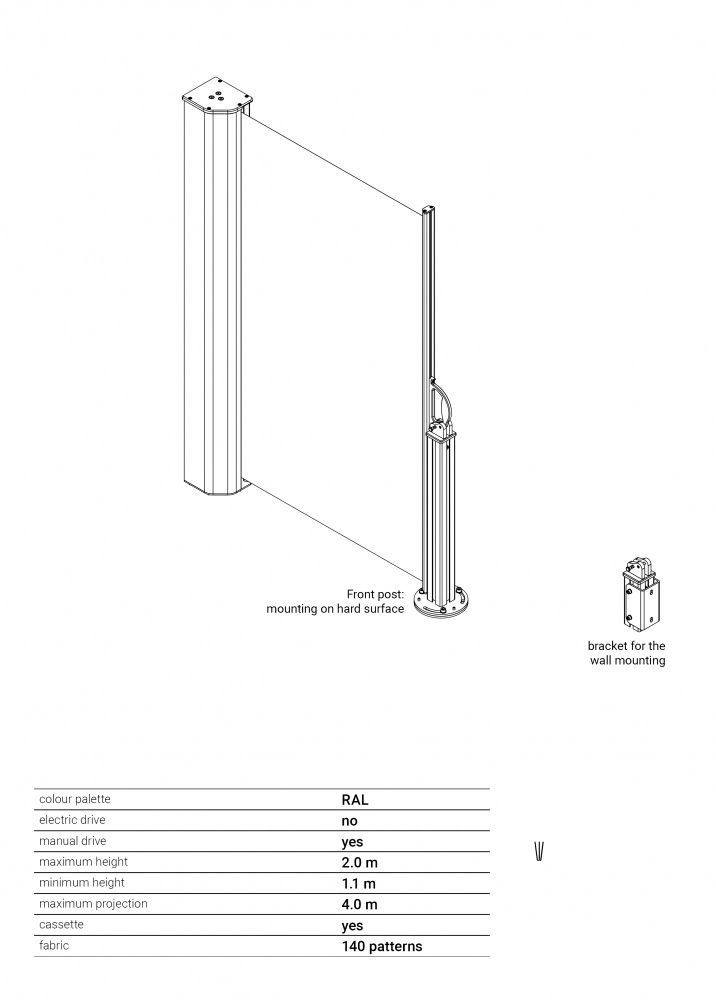 Levegg - Sidemarkise - Høyde 180 cm - Velg mellom 150 dukfarger